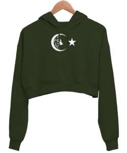 Bozkurt Türkiye Haki Yeşili Kadın Crop Hoodie Kapüşonlu Sweatshirt