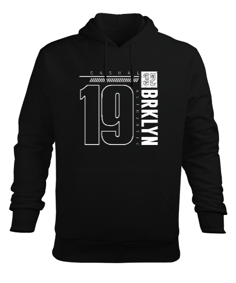 BRKLYN Casual 19 Baskılı Siyah Erkek Kapüşonlu Hoodie Sweatshirt