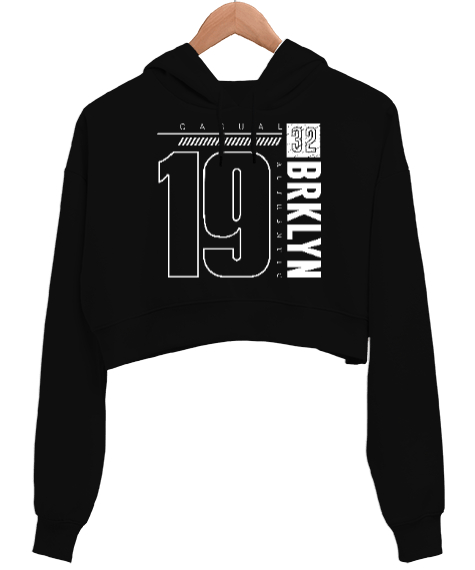 BRKLYN Casual 19 Baskılı Siyah Kadın Crop Hoodie Kapüşonlu Sweatshirt