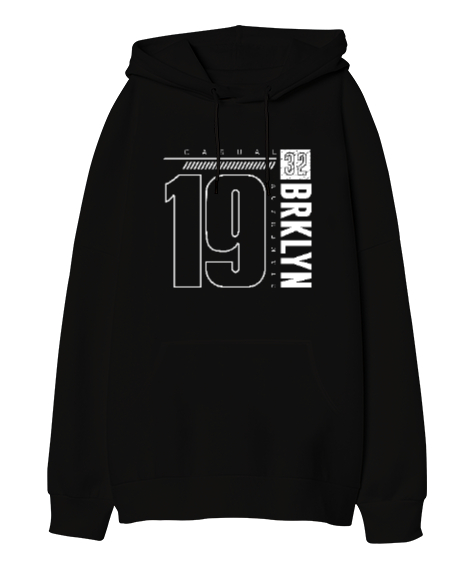 BRKLYN Casual 19 Baskılı Siyah Oversize Unisex Kapüşonlu Sweatshirt