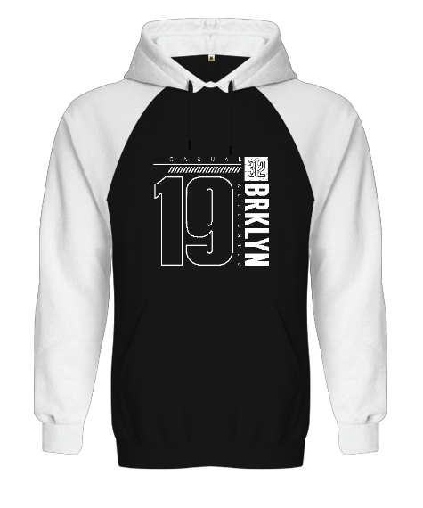 BRKLYN Casual 19 Baskılı Siyah/Beyaz Orjinal Reglan Hoodie Unisex Sweatshirt