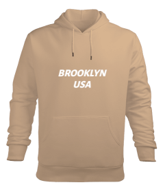 BROOKLYN BASKILI BEJ RENK Erkek Kapüşonlu Hoodie Sweatshirt