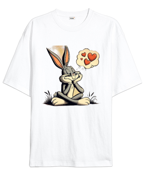 Tisho - Bugs Bunny Aşık Beyaz Oversize Unisex Tişört