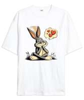 Bugs Bunny Aşık Beyaz Oversize Unisex Tişört - Thumbnail