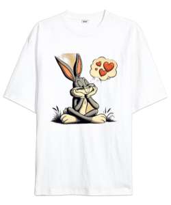 Bugs Bunny Aşık Beyaz Oversize Unisex Tişört