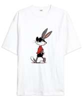 Bugs Bunny Hergele Beyaz Oversize Unisex Tişört - Thumbnail