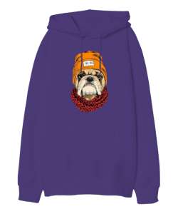 Bulldog cool köpek baskılı Mor Oversize Unisex Kapüşonlu Sweatshirt