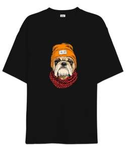 Bulldog cool köpek baskılı Siyah Oversize Unisex Tişört