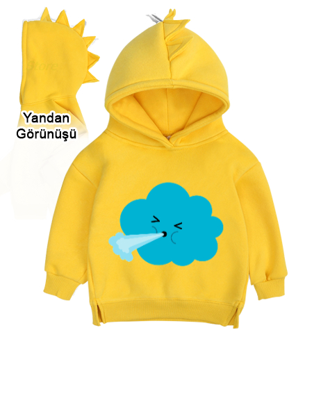 Tisho - Bulutlu Sarı Çocuk Dinozor Kapşonlu Hoodie