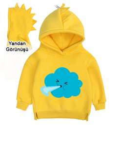 Bulutlu Sarı Çocuk Dinozor Kapşonlu Hoodie