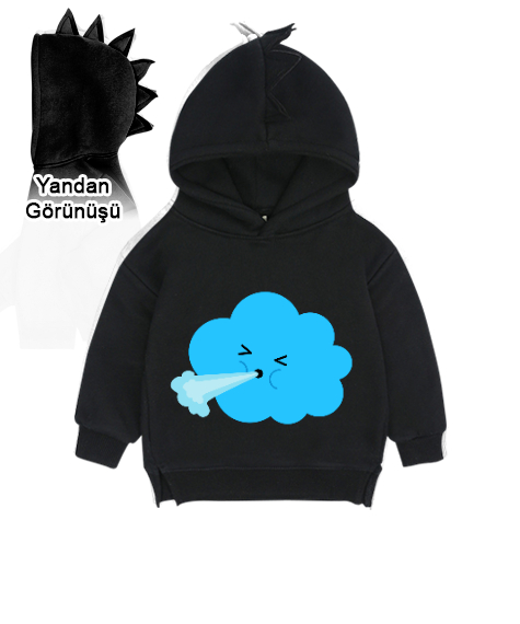 Tisho - Bulutlu Siyah Çocuk Dinozor Kapşonlu Hoodie