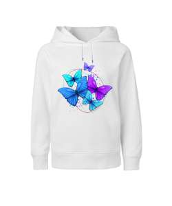 Butterfly Beyaz Çocuk Unisex Hoodie Kapüşonlu