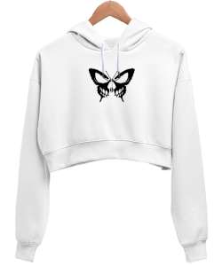 BUTTERFLY Beyaz Kadın Crop Hoodie Kapüşonlu Sweatshirt