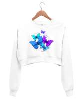 Butterfly Beyaz Kadın Crop Sweatshirt - Thumbnail