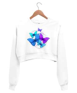 Butterfly Beyaz Kadın Crop Sweatshirt