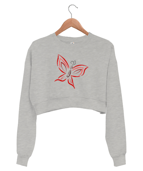 Tisho - Butterfly Gri Kadın Crop Sweatshirt