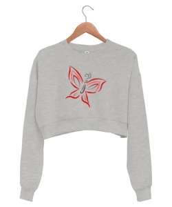 Butterfly Gri Kadın Crop Sweatshirt