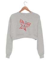 Butterfly Gri Kadın Crop Sweatshirt - Thumbnail