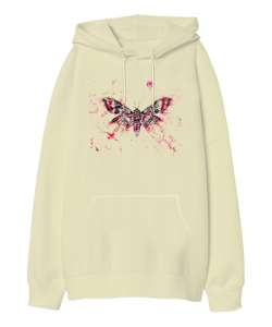 Butterfly Insect - Kelebek Etkisi Krem Oversize Unisex Kapüşonlu Sweatshirt