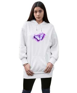 butterfly Kadın Uzun Hoodie Kapüşonlu Sweatshirt