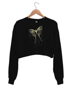 Butterfly - Kelebek V1 Siyah Kadın Crop Sweatshirt