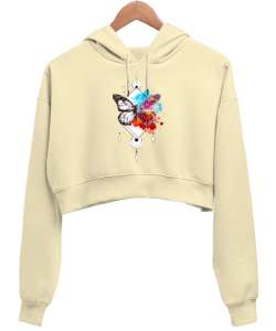 BUTTERFLY Krem Kadın Crop Hoodie Kapüşonlu Sweatshirt