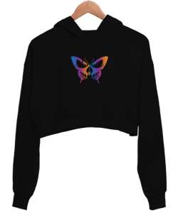 BUTTERFLY Siyah Kadın Crop Hoodie Kapüşonlu Sweatshirt