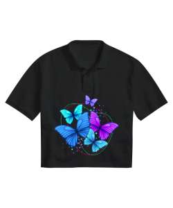 Butterfly Siyah Kadın Crop Polo Yaka Tişört