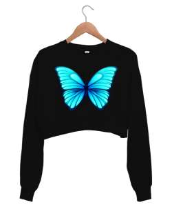 Butterfly Siyah Kadın Crop Sweatshirt