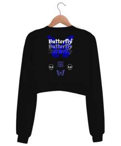 Butterfly Siyah Kadın Crop Sweatshirt