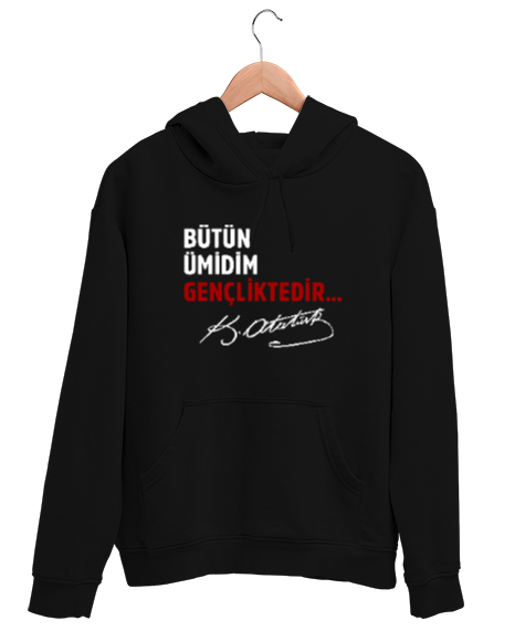 Tisho - Bütün Ümidim Gençliktedir - Mustafa Kemal Atatürk Siyah Unisex Kapşonlu Sweatshirt