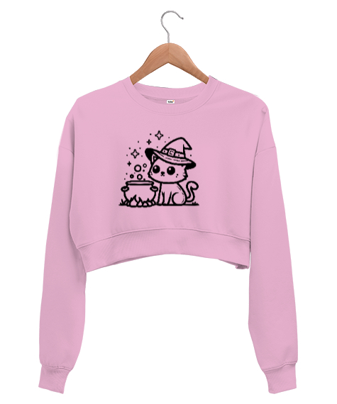 Tisho - Büyücü kedi Pembe Kadın Crop Sweatshirt