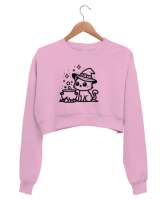 Büyücü kedi Pembe Kadın Crop Sweatshirt - Thumbnail