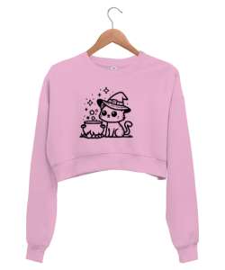 Büyücü kedi Pembe Kadın Crop Sweatshirt