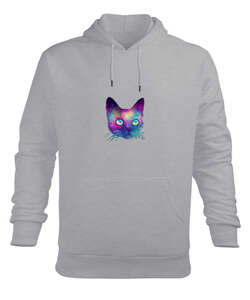 C009 - Colourful Cat Gri Erkek Kapüşonlu Hoodie Sweatshirt