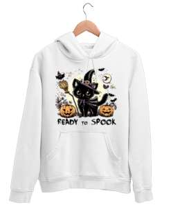 Cadı Kara Kedi Ready To Spook Beyaz Unisex Kapşonlu Sweatshirt