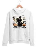 Cadı Kara Kedi Ready To Spook Beyaz Unisex Kapşonlu Sweatshirt - Thumbnail