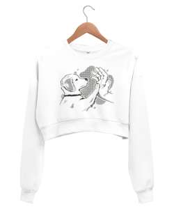 Çak Dostum - Hayvansever - Köpek Patisi ve El Beyaz Kadın Crop Sweatshirt