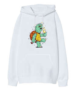 Çakırkeyf Kaplumbağa Beyaz Oversize Unisex Kapüşonlu Sweatshirt