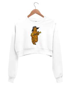 Çalgıcı Ayı - Bear Beyaz Kadın Crop Sweatshirt