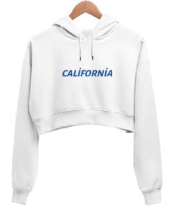 California Beyaz Kadın Crop Hoodie Kapüşonlu Sweatshirt