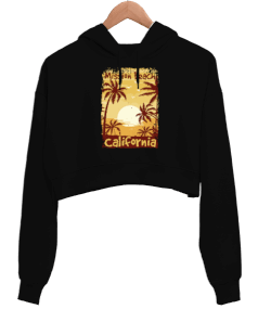 California Mission Beach Siyah Kadın Crop Hoodie Kapüşonlu Sweatshirt