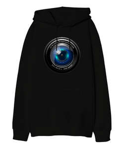 Camera Lens Siyah Oversize Unisex Kapüşonlu Sweatshirt