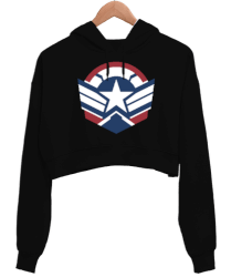 Captain America Stripes The Falcon and the Winter Soldier Siyah Kadın Crop Hoodie Kapüşonlu Sweatshirt