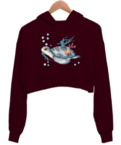 Caretta Caretta Tasarım Baskılı Kadın Crop Hoodie Kapüşonlu Sweatshirt