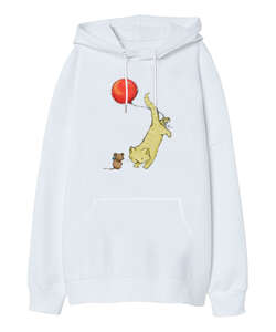 Cat And Mouse Beyaz Oversize Unisex Kapüşonlu Sweatshirt