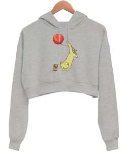 Cat And Mouse Gri Kadın Crop Hoodie Kapüşonlu Sweatshirt