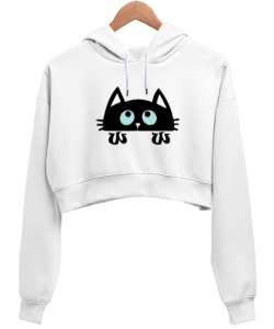 CAT Beyaz Kadın Crop Hoodie Kapüşonlu Sweatshirt