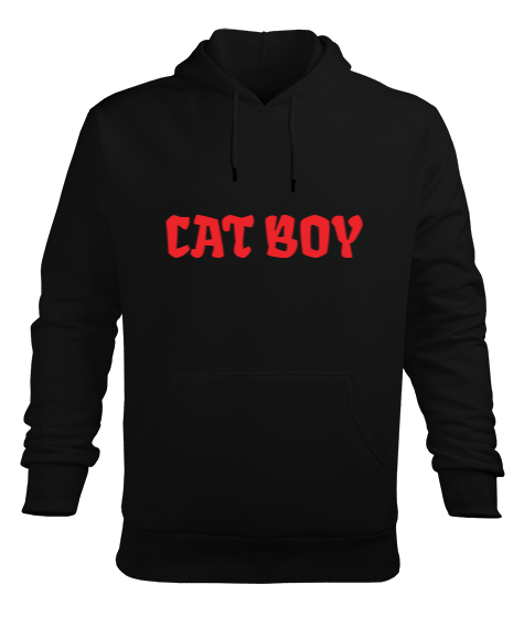 CAT BOY Siyah Erkek Kapüşonlu Hoodie Sweatshirt