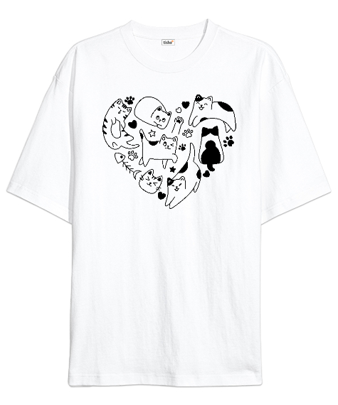 Tisho - Cat Heart Beyaz Oversize Unisex Tişört